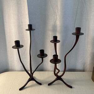 1950s Biomorphic Candelabra Pair Metal Art Noveau MCM Candle Holders Organic Mod